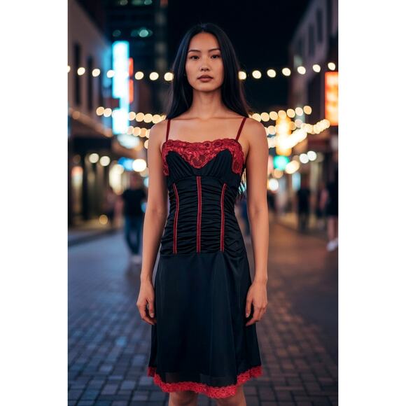 Morbid Threads Dresses & Skirts - Morbid Threads Gothic Lacy Ruched Slip Dress S Y2K Punk Black Red Lace Bodice